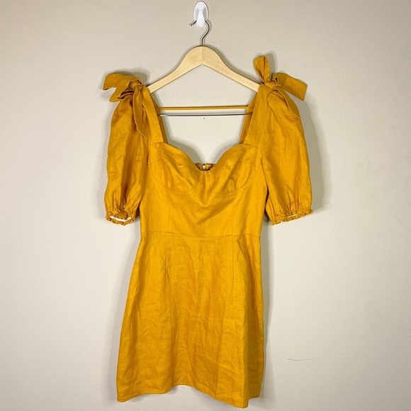 Reformation | 100% Linen Puff Sleeve Bow Tie Mustard Yellow Mini Dress Sz: 6 - Picture 3 of 9
